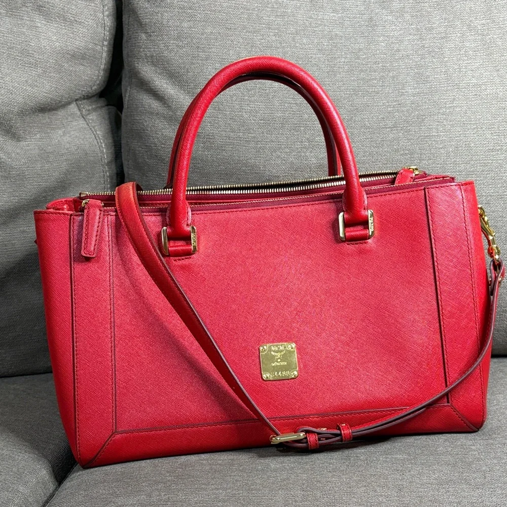 MCM Saffiano Leather Double Zip Tote Bag w/ Strap COA Gold Hardware